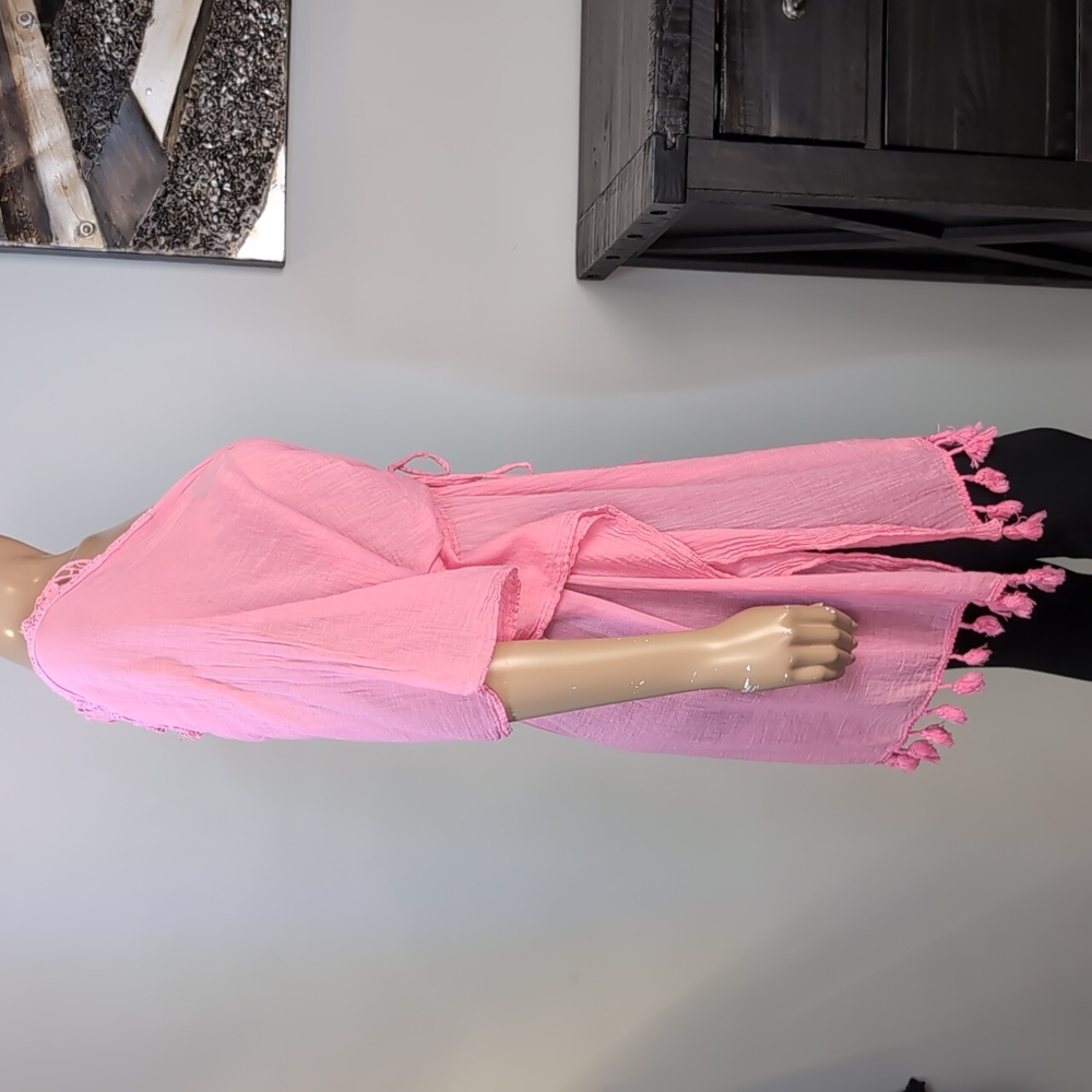 Charlie Paige Pink Tassel Swim Cover Up Womens One Size Boho Crochet Kaftan - Picture 10 of 13